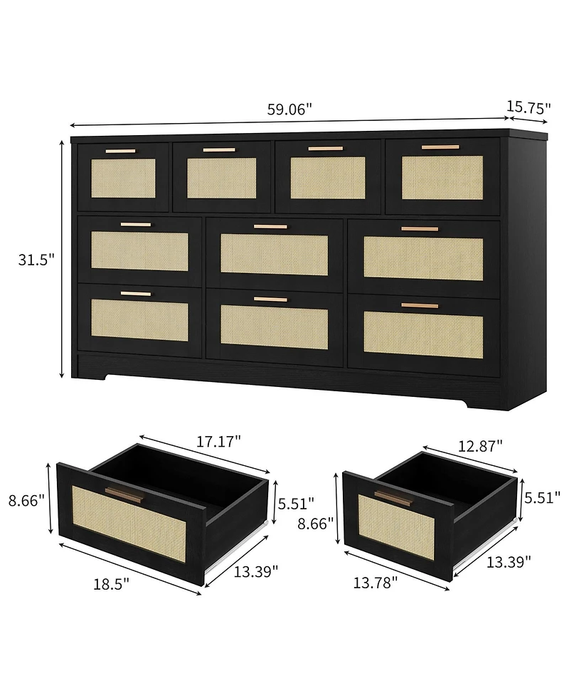 homfan 10 Drawers Dresser for Bedroom, Rattan Chest of with Spacious Tabletop and Handles, Closet Organizer Tv Stand Living Room