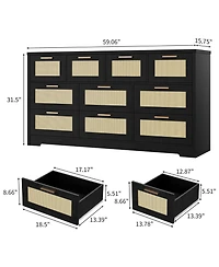 homfan 10 Drawers Dresser for Bedroom, Rattan Chest of with Spacious Tabletop and Handles, Closet Organizer Tv Stand Living Room