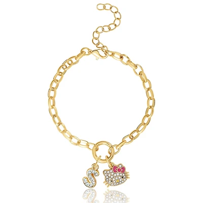 Hello Kitty Initial Crystal Charm Bracelet, Gold-Tone