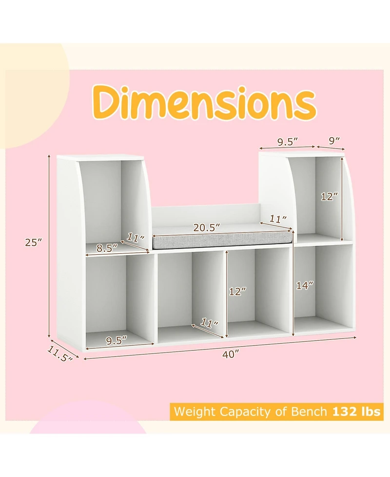Gymax 40''Kids Bookshelf with Reading Nook 6 Storage Cubbies and Seat Cushion for Playroom