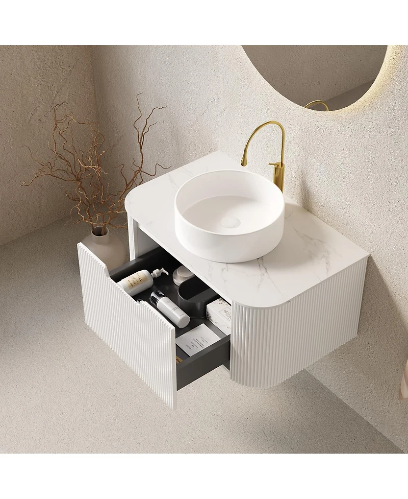 Sillysis Wall Mounted Bathroom Vanity with Sintered Stone Top, White Round Ceramic Sink, Striped Drawer