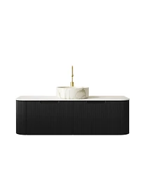 Sillysis Wall Mounted Bathroom Vanity with Carrara Sintered Stone Top, Round Ceramic Sink, Stripe Drawer, Pre-assembled