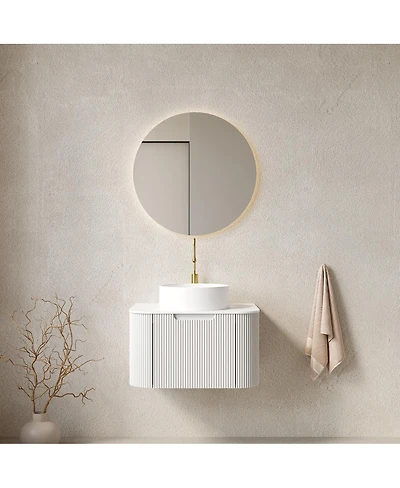 Sillysis Wall Mounted Bathroom Vanity with Sintered Stone Top, White Round Ceramic Sink, Striped Drawer