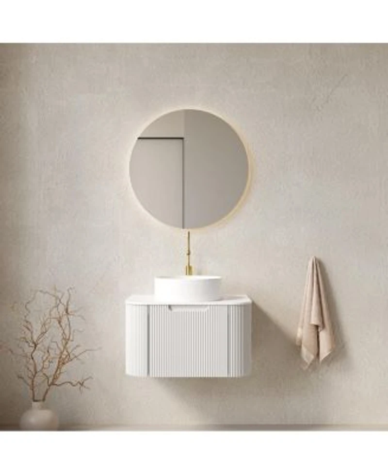 Sillysis Wall Mounted Bathroom Vanity With Sintered Stone Top White Round Ceramic Sink Striped Drawer Pre Assembled