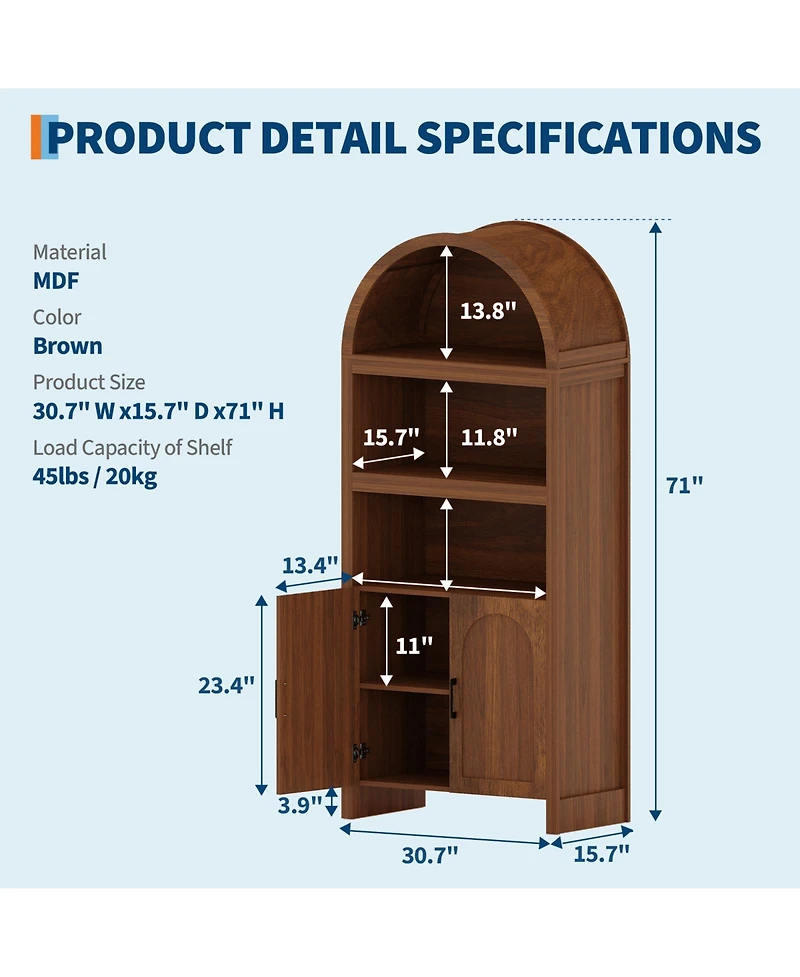 gaomon Modern Arched 71" Bookcase Cabinet - 5-Tier Wooden Pantry with Adjustable Shelves, Mid-Century Doors, Open Display for Dining Room