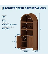 gaomon Modern Arched 71" Bookcase Cabinet - 5-Tier Wooden Pantry with Adjustable Shelves, Mid-Century Doors, Open Display for Dining Room