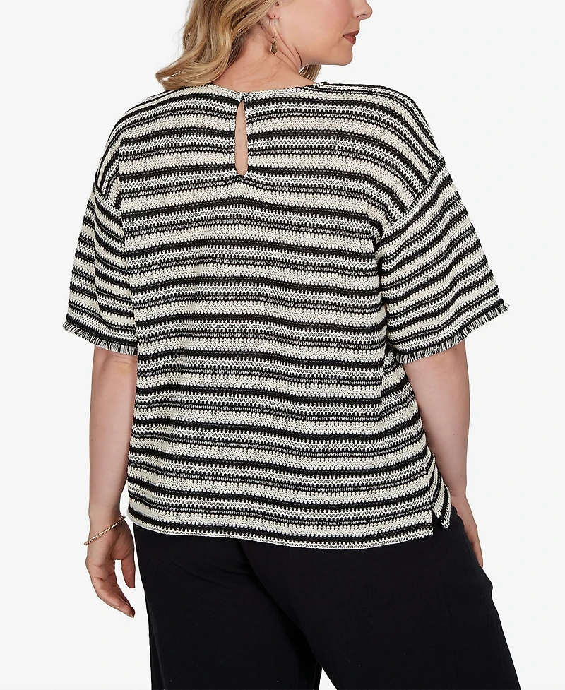 Ruby Rd. Plus Textured Stripe Fringe Sleeve T-Shirt