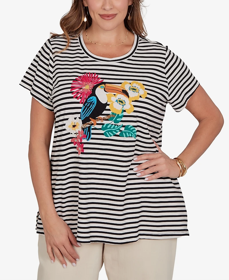 Ruby Rd. Plus Embellished Toucan Stripe Knit T-Shirt