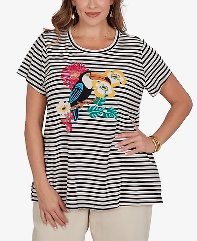 Ruby Rd. Plus Embellished Toucan Stripe Knit T-Shirt