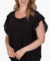 Ruby Rd. Plus Size Crochet Sleeve Solid Cotton T-Shirt