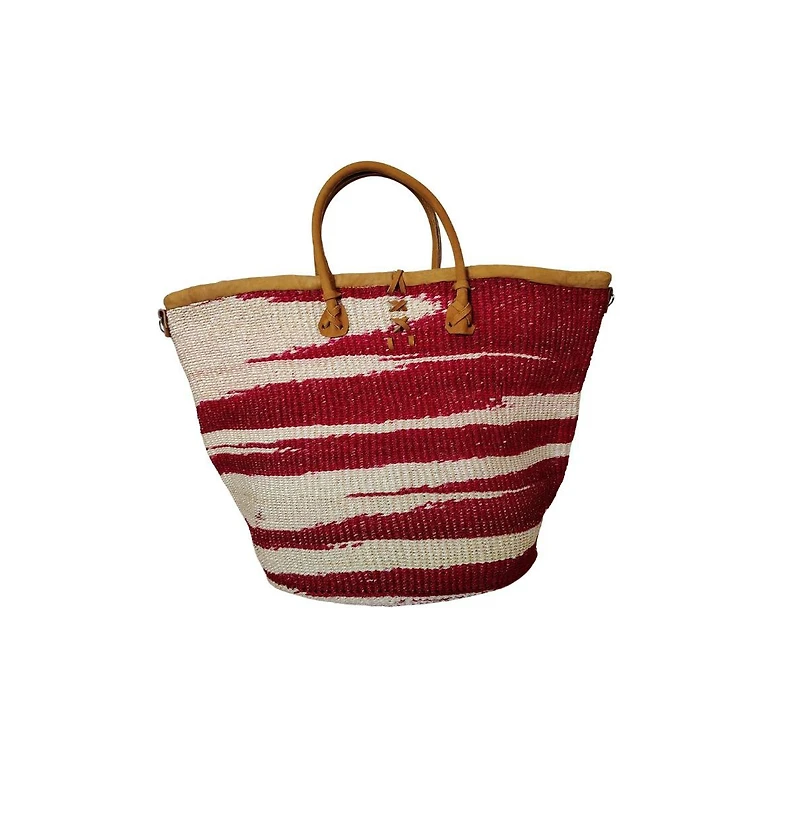Sawa Sawa Crimson Courage Handwoven Red & White Sisal Straw Basket Tote