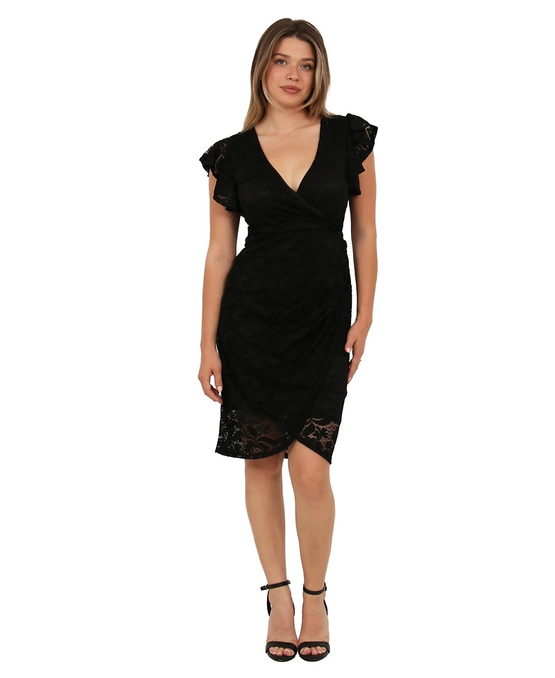 24seven Comfort Apparel Women's Lace V-Neck Flutter-Sleeve Faux Wrap Midi Dress