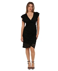 24seven Comfort Apparel Women's Lace V-Neck Flutter-Sleeve Faux Wrap Midi Dress