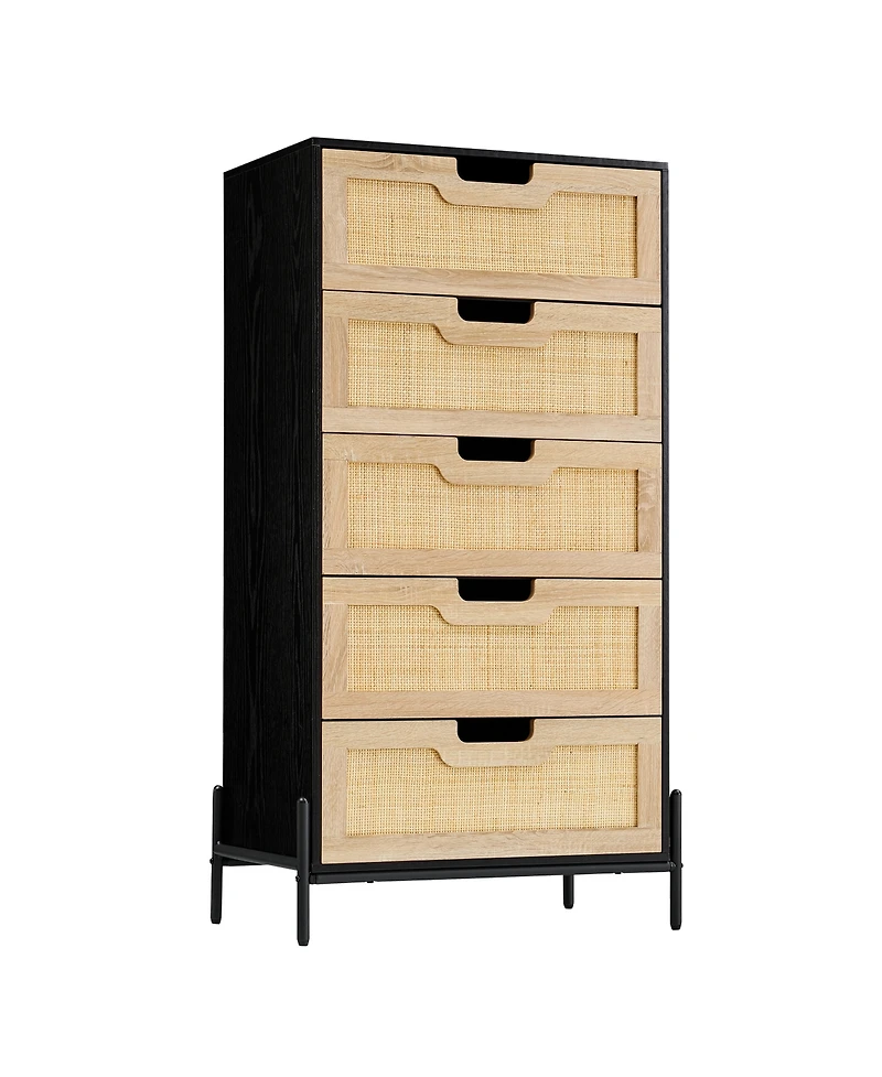 homfan Farmhouse 5-Drawer Rattan Dresser, Tall Storage Chest with Metal Legs and Wood Top for Multi-Room Use