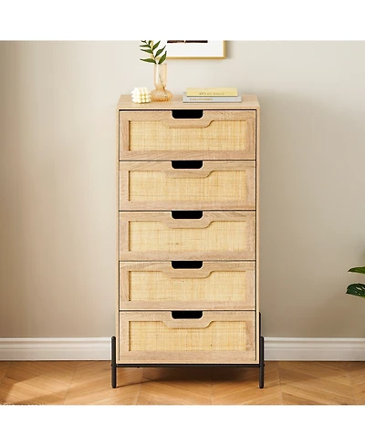 homfan Farmhouse 5-Drawer Rattan Dresser, Tall Storage Chest with Metal Legs and Wood Top for Multi-Room Use