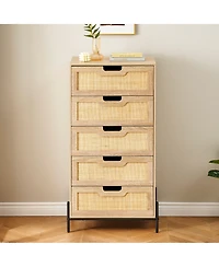 homfan Farmhouse 5-Drawer Rattan Dresser, Tall Storage Chest with Metal Legs and Wood Top for Multi-Room Use