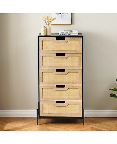 homfan Farmhouse 5-Drawer Rattan Dresser, Tall Storage Chest with Metal Legs and Wood Top for Multi-Room Use