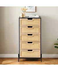 homfan Farmhouse 5-Drawer Rattan Dresser, Tall Storage Chest with Metal Legs and Wood Top for Multi-Room Use