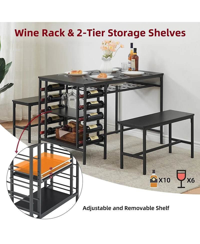 homfan 3 Piece Dining Table Set with Tuck-In Benches, Wine Bottle Storage, Stemware Holder and Adjustable Shelving Home Bar
