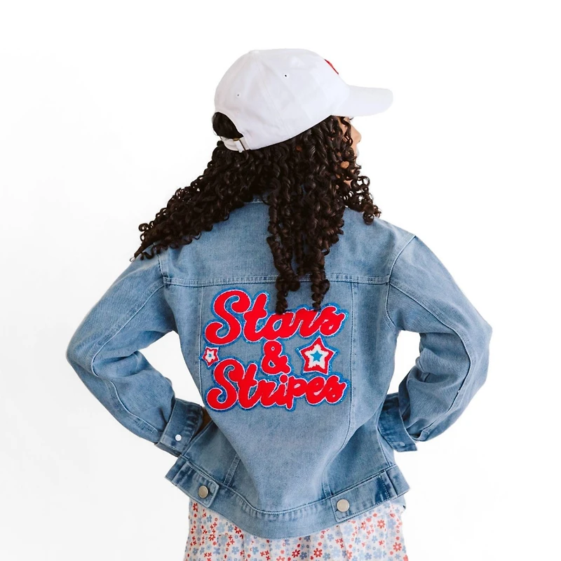 Sweet Wink Big Girls Stars and Stripes Patch Denim Jacket