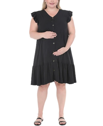 White Mark Plus Flutter-Sleeve Button-Front Tiered Maternity Dress