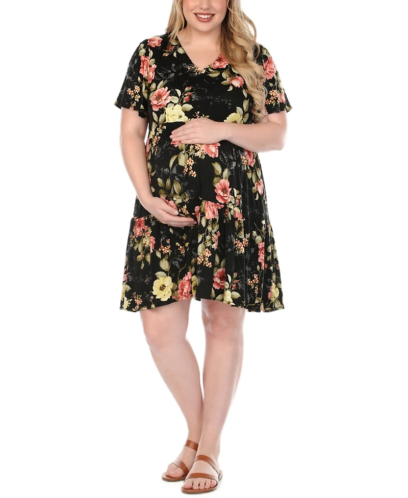 White Mark Plus Floral Print Short-Sleeve V-Neck Maternity Dress