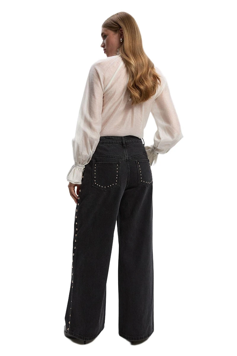 Karen Millen Women's Denim Studded Wide Leg Jeans