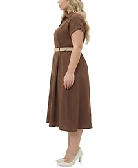 Ny Collection Plus Short Sleeve Button Front Belted A-Line Dress