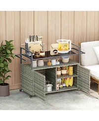 flynama Wicker Outdoor Bar Cart with 2-Tier Shelf and Cabinet