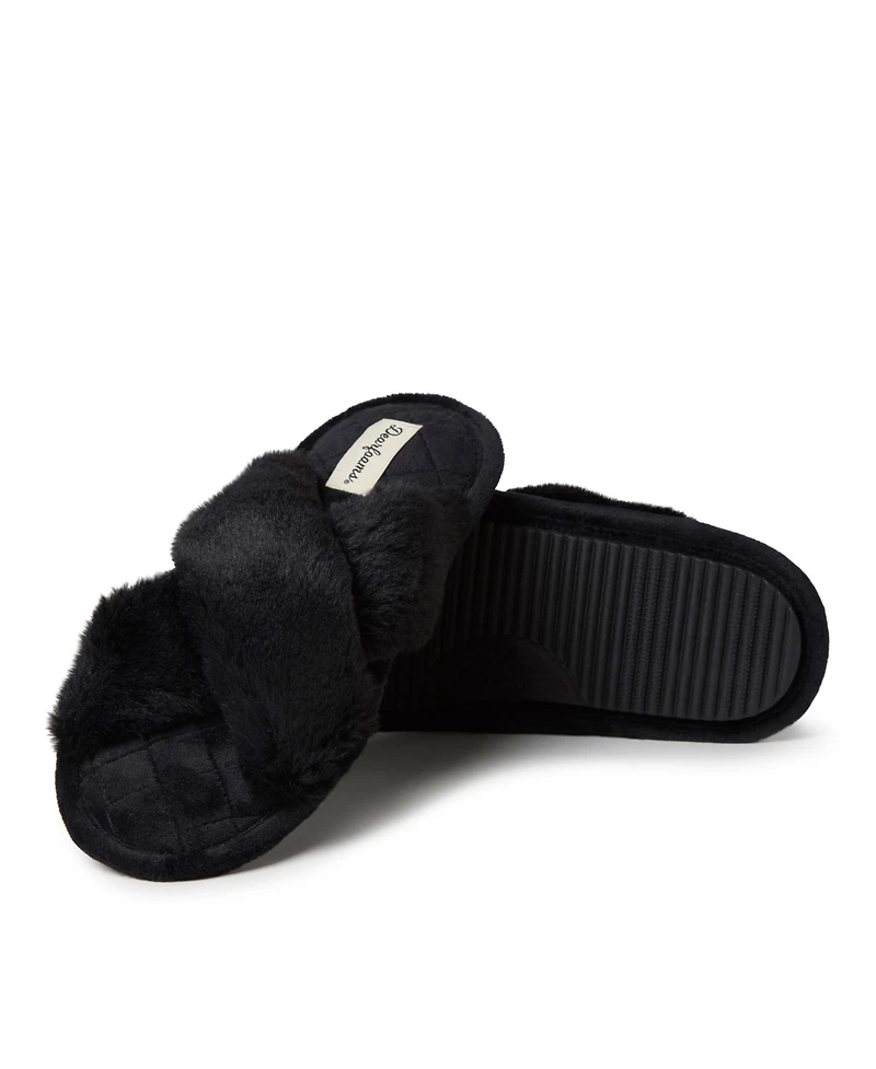 Dearfoams Women's Jessica Furry Cross Band Slide Slippers