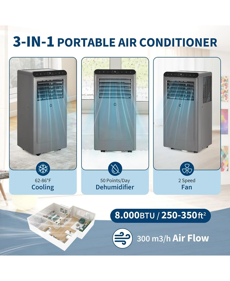Xo 8,000 Btu Portable 3-in-1 Ac with Remote, Led Touch Panel, Quiet Sleep Mode and Window Kit for Up to 350 Sq. Ft