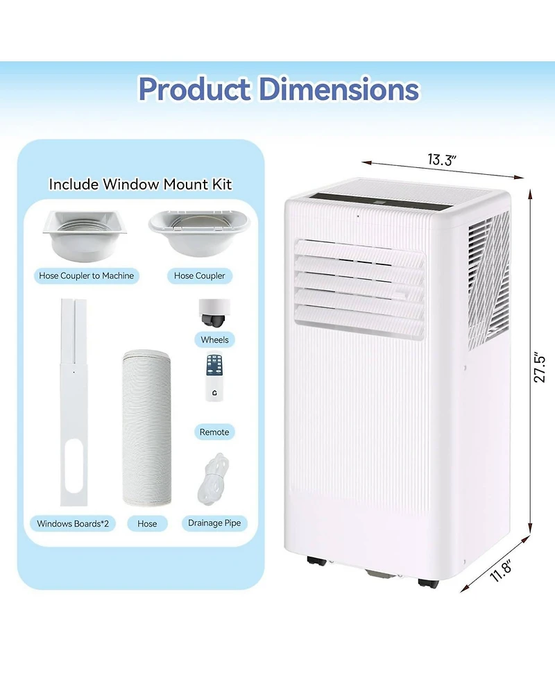 Xo 3-in-1 8000 Btu Portable Air Conditioner, Cools Up to 350 Sq.Ft. with Complete Installation Kit, White Top
