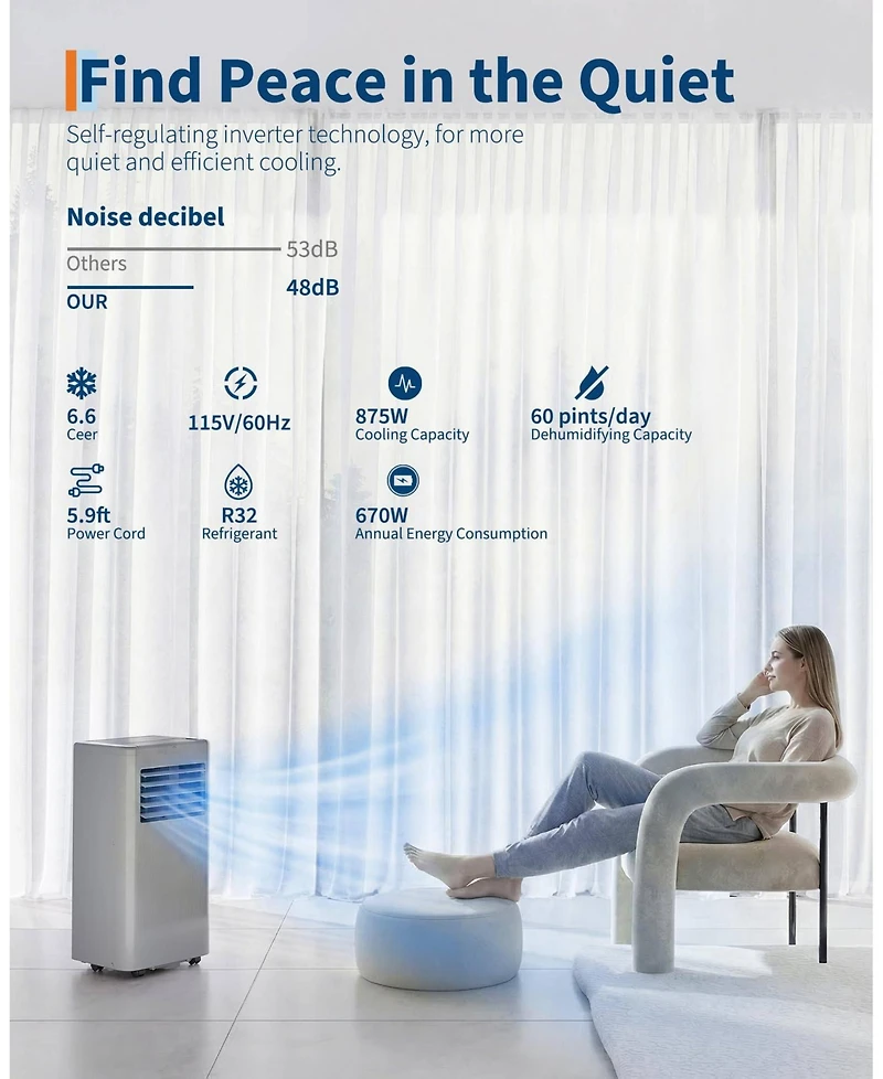 Xo 10,000 Btu Portable Silent Ac with Remote, Led Display, Sleep Mode and Installation Kit for Rooms Up to 450 Sq. Ft