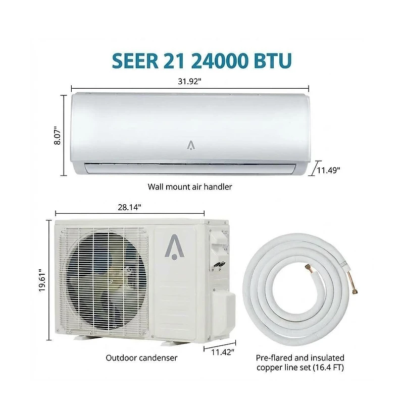 Xo 24000 Btu Mini Split Ac and Heat Pump, 21 SEER2, WiFi and Alexa Compatible, Cools and Heats 1500 Sq. Ft, Installation Kit