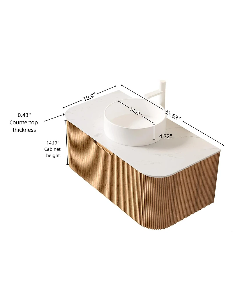 Sillysis Wall Mounted Bathroom Vanity with Sintered Stone Top, Ceramic Vessel Sink, 3D Wood Grain Drawer