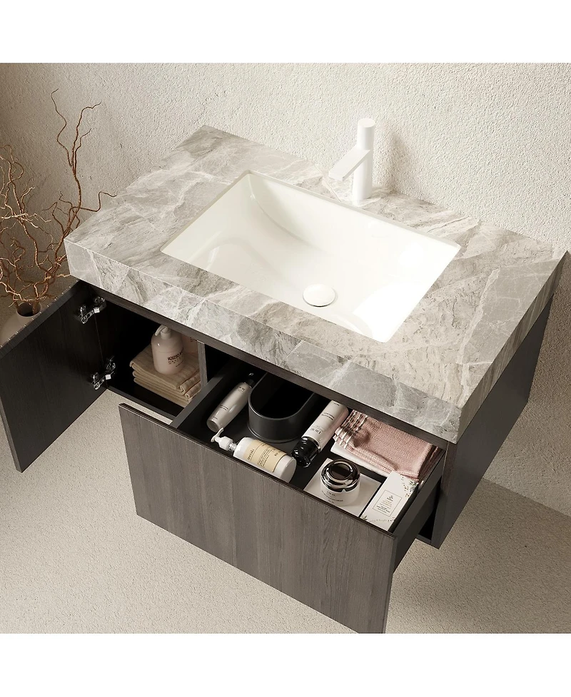 Sillysis 36 Inch Floating Bathroom Vanity with Italian Sintered Stone Top, Plywood Cabinet, Ceramic Sink, Soft Close Storage, Pre-assembled