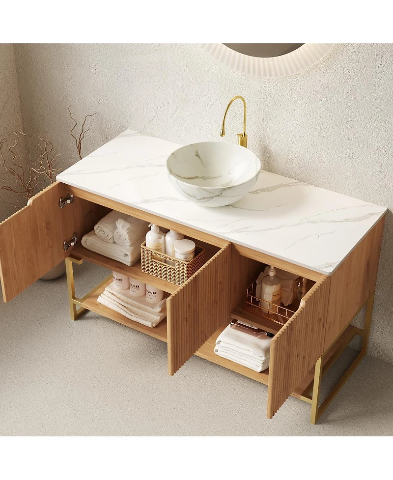 Sillysis 47.6 Inch Bathroom Vanity with Ceramic Basin, Sintered Stone Countertop, Soft Close Door Storage Cabinet, Open Shelf