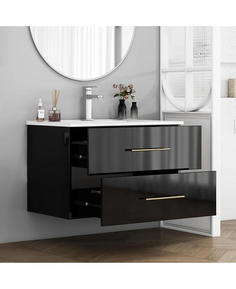 Sillysis Wall Mounted Bathroom Vanity with Ceramic Sink, Double Drawers