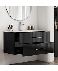 Sillysis Wall Mounted Bathroom Vanity with Ceramic Sink, Double Drawers, Modern Glossy Cabinet for Small Spaces