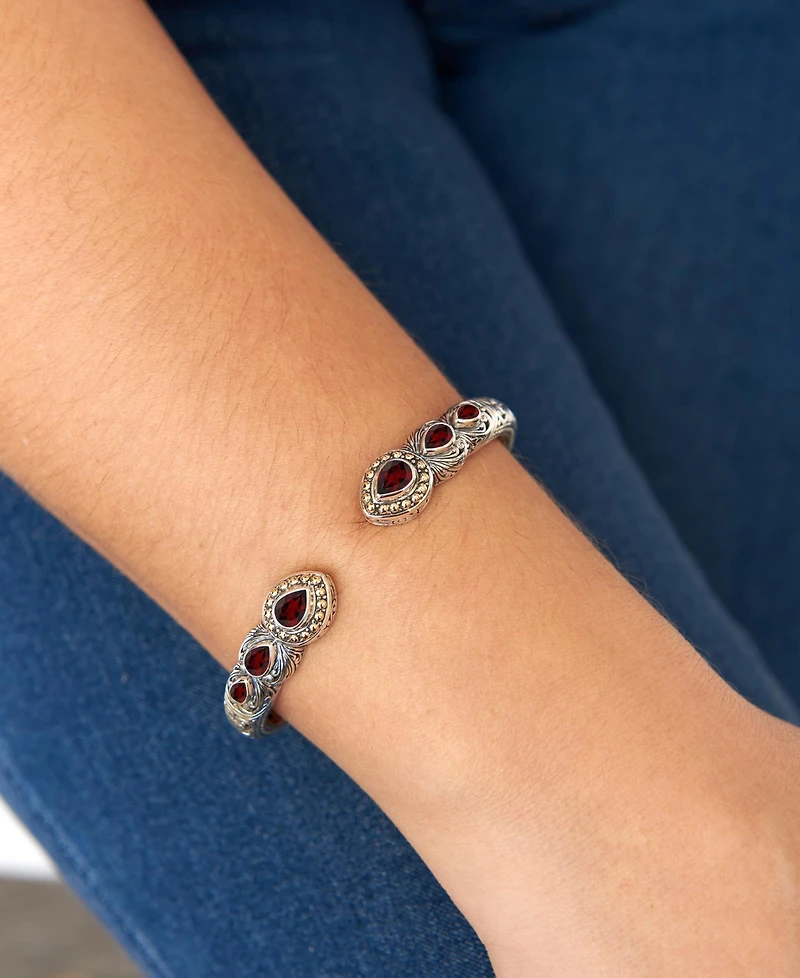 Devata Garnet and Ubud Cuff Bracelet Sterling Silver 18K Gold Accents