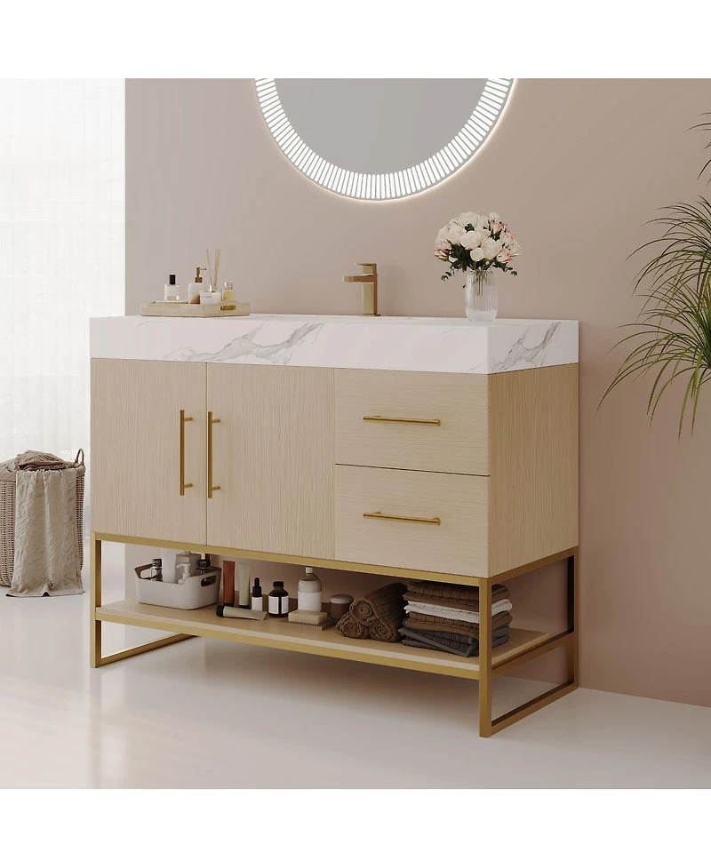 Sillysis 36 Inch Freestanding Bathroom Vanity, Sintered Stone Top, Seamless Ceramic Sink, Gold Steel Frame, 2 Drawers Open Shelf Storage