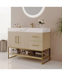 Sillysis 36 Inch Freestanding Bathroom Vanity, Sintered Stone Top, Seamless Ceramic Sink, Gold Steel Frame, 2 Drawers Open Shelf Storage