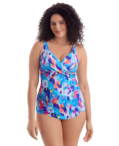 ShapeSolver Women's Cross Over V-Neck Printed One-Piece Swimsuit