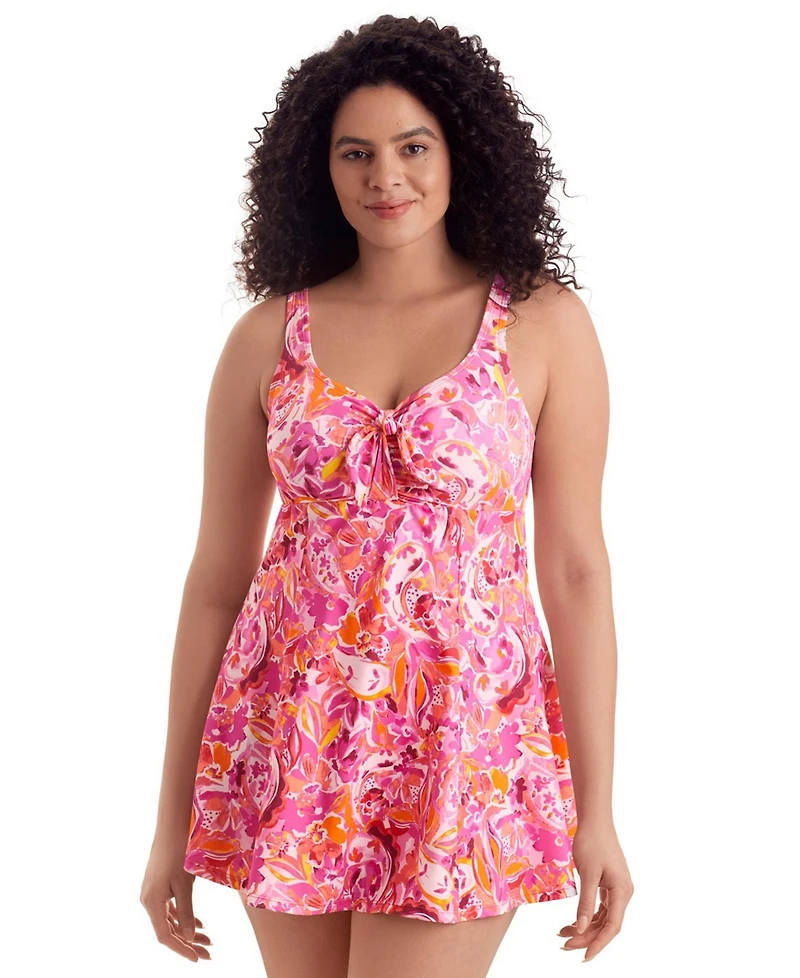 ShapeSolver Women's Bow Front Printed Swim Dress