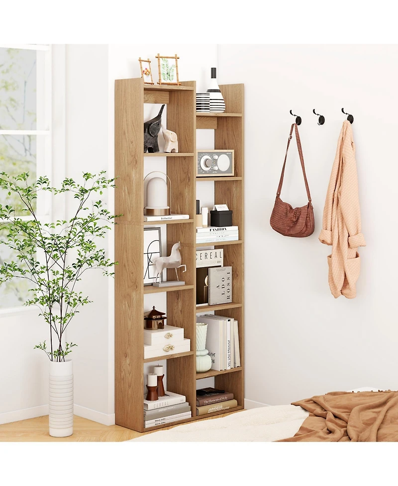 Gymax 11 Tier Bookcase with Anti Tipping Kits Wood Display Shelf Tree Shaped Bookshelf