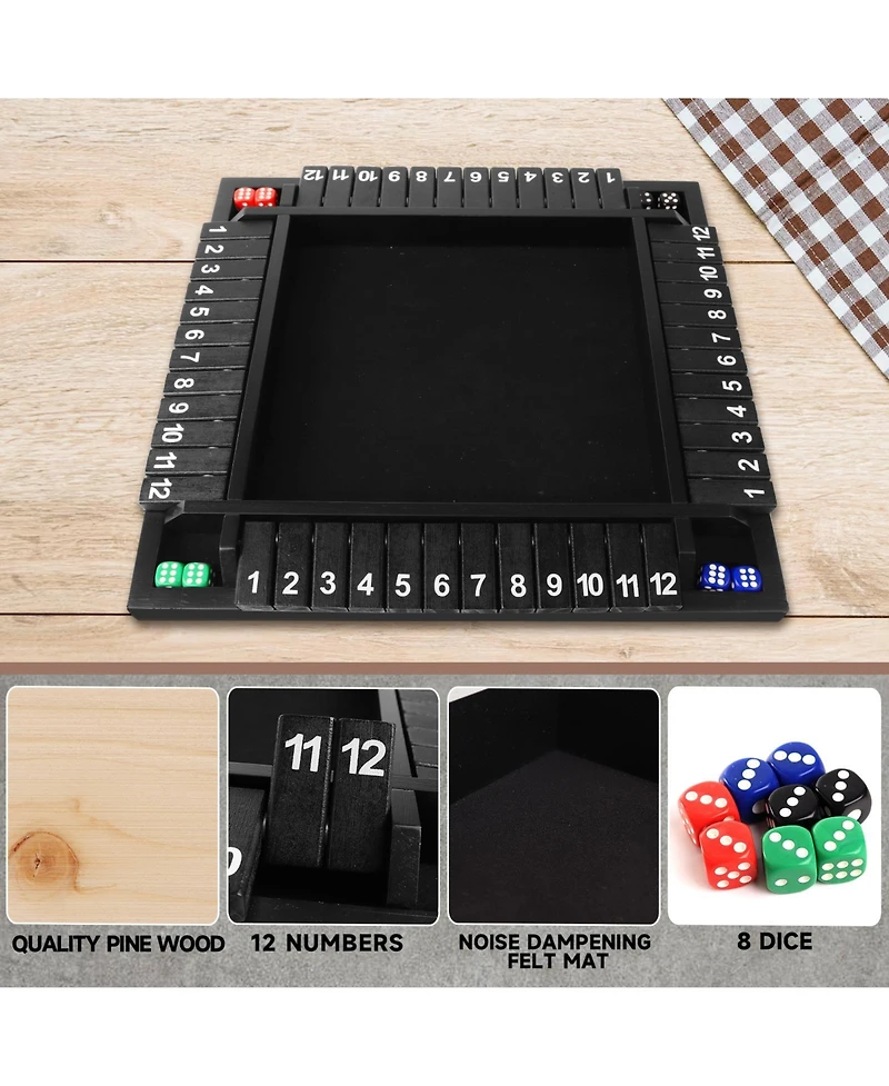 Gse Games & Sports Expert 4-Player 12 Numbers Wooden Shut the Box Dice Board Game with 8 Dice. 4-Way Set