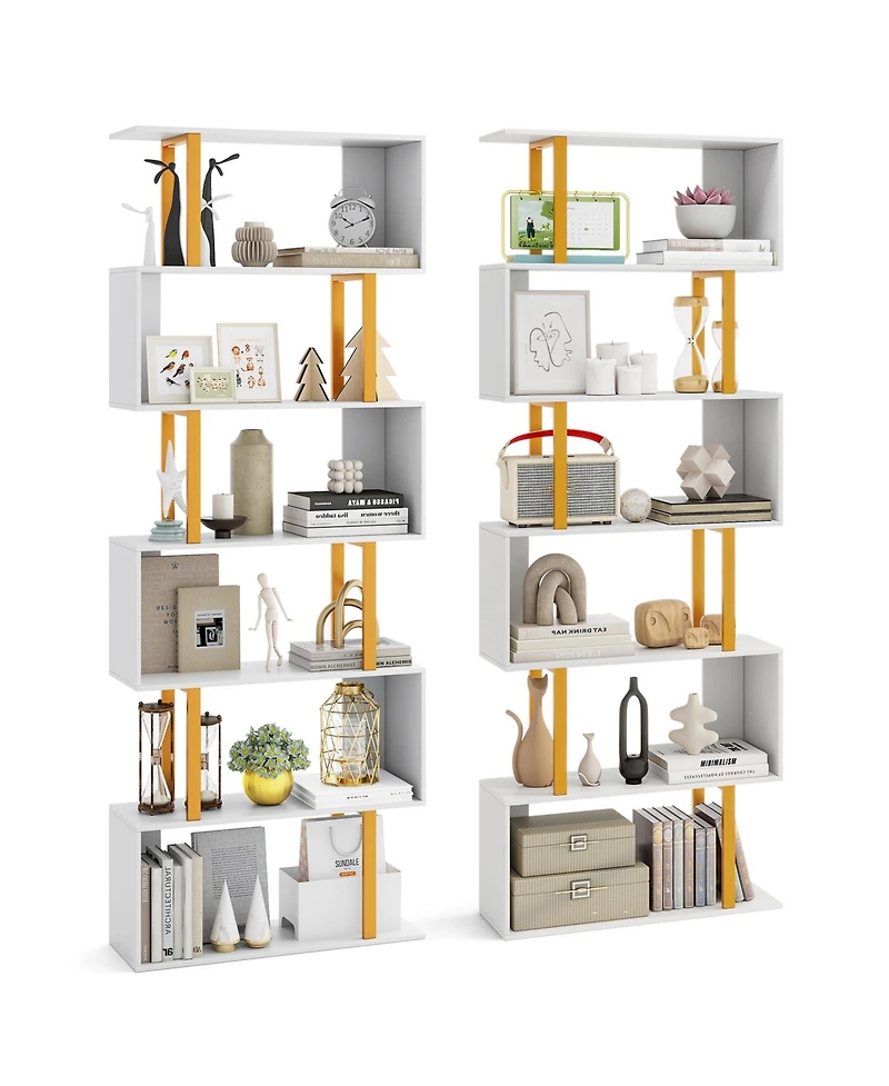 Gymax 2 Pieces 6 Tier Geometric Bookcase 74.5 Inch S Shaped Bookshelf with Metal Frame
