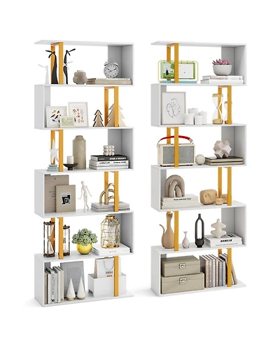 Gymax 2 Pieces 6 Tier Geometric Bookcase 74.5 Inch S Shaped Bookshelf with Metal Frame