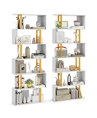 Gymax 2 Pieces 6 Tier Geometric Bookcase 74.5 Inch S Shaped Bookshelf with Metal Frame