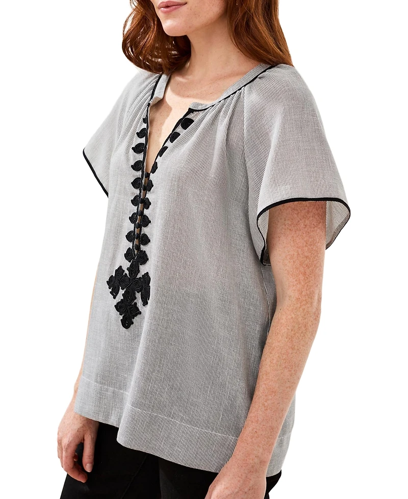 Tribal Women's Stripe Textured Short-Sleeve Top with Tape Detail